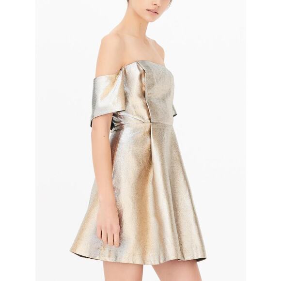 Sandro Metallic Off-the-Shoulder A-line Mini Dress - Gold - Picture 2 of 13